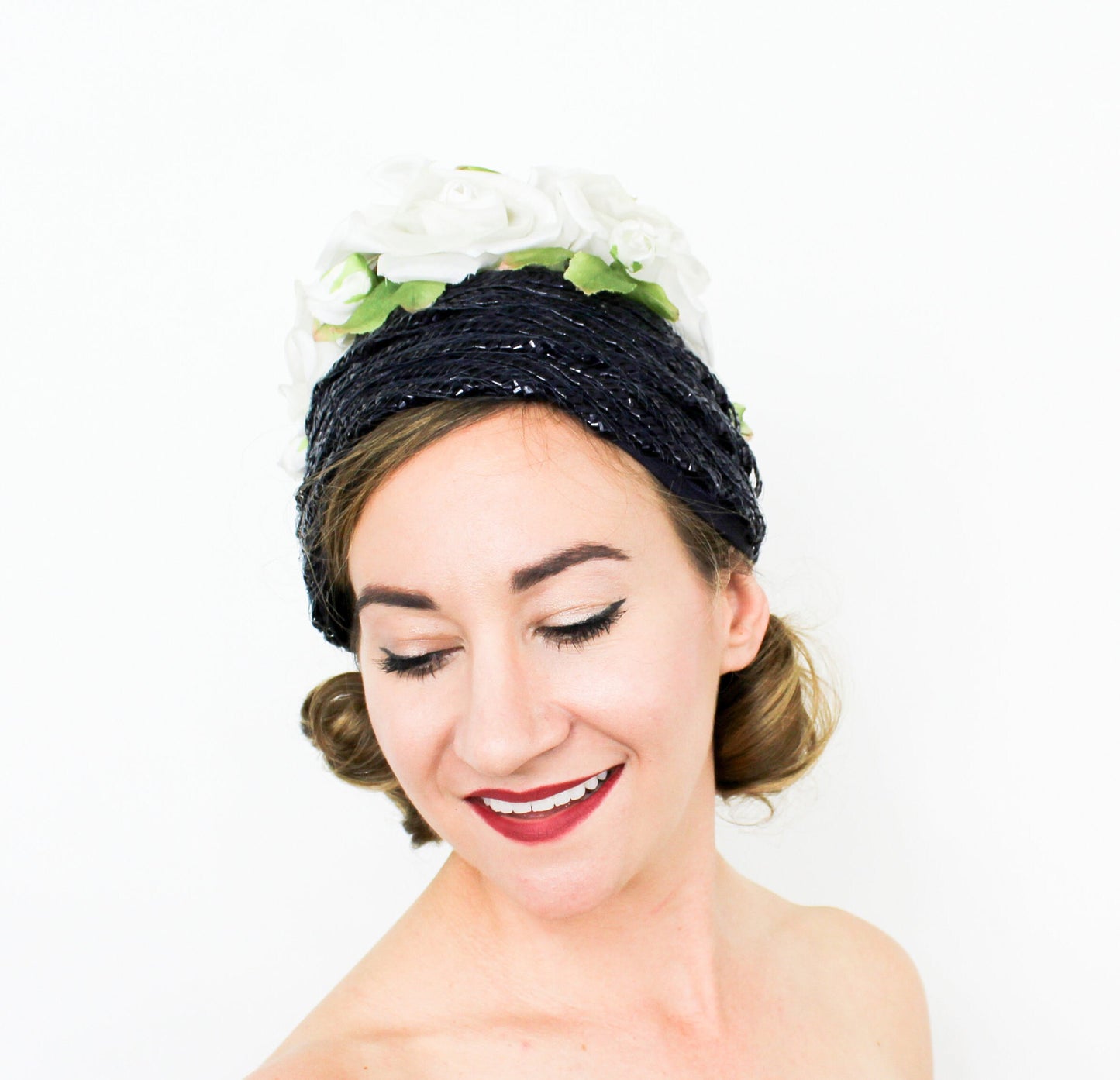 1950s Navy Raffia Beehive Hat