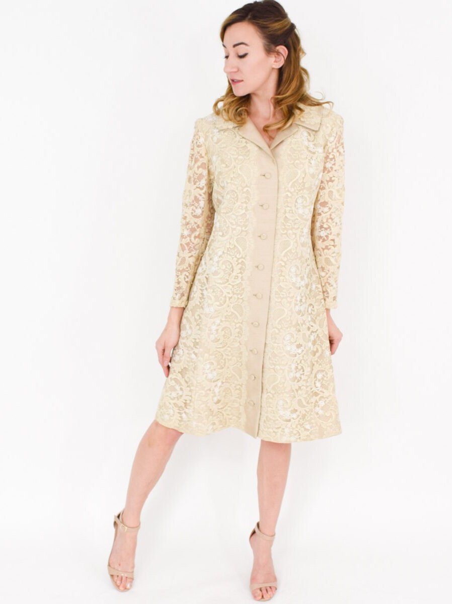 1960s Beige Lace & Silk Shantung Wedding Dress & Coat Set, Medium