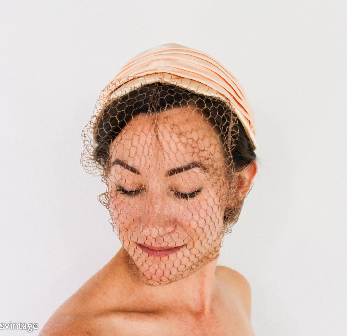 1950s Peach Satin Veil Hat, Bridal Hat