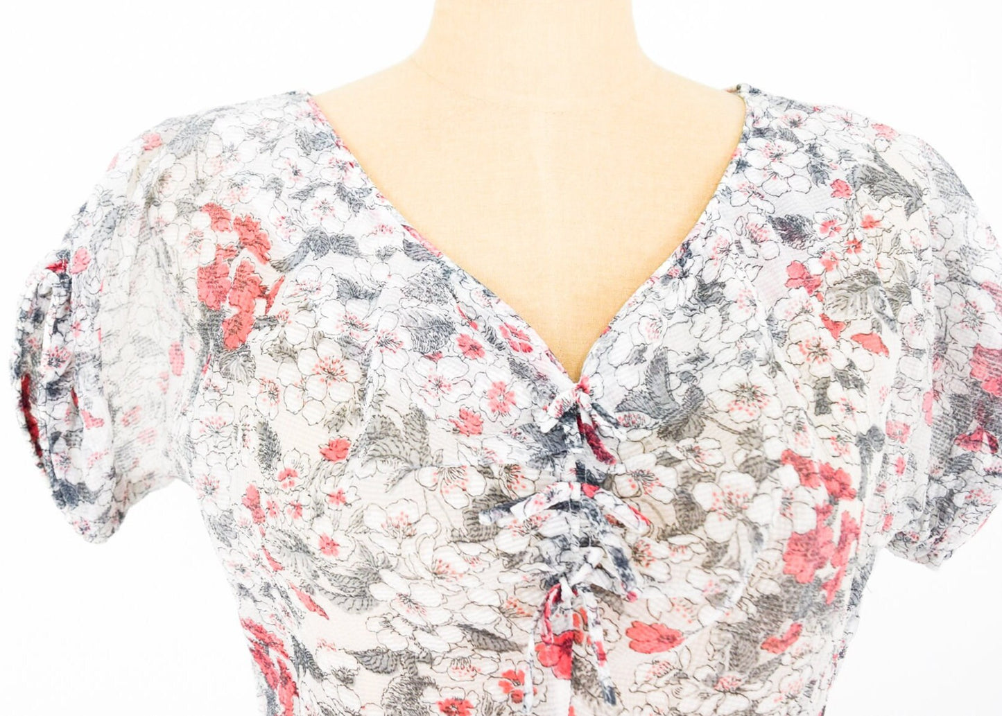 1950s White Pink Gray Floral Nylon Dress, Medium