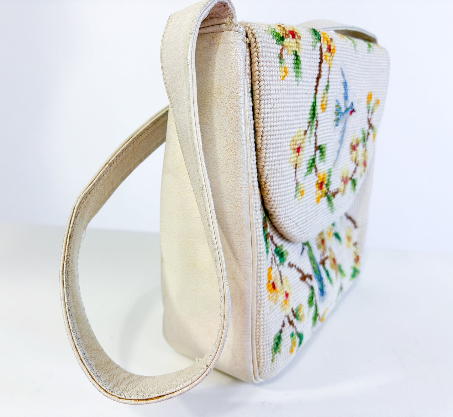 1960s Creme Needlepoint Shoulder Bag | 60s Beige Birds & Flowers Needlepoint Purse