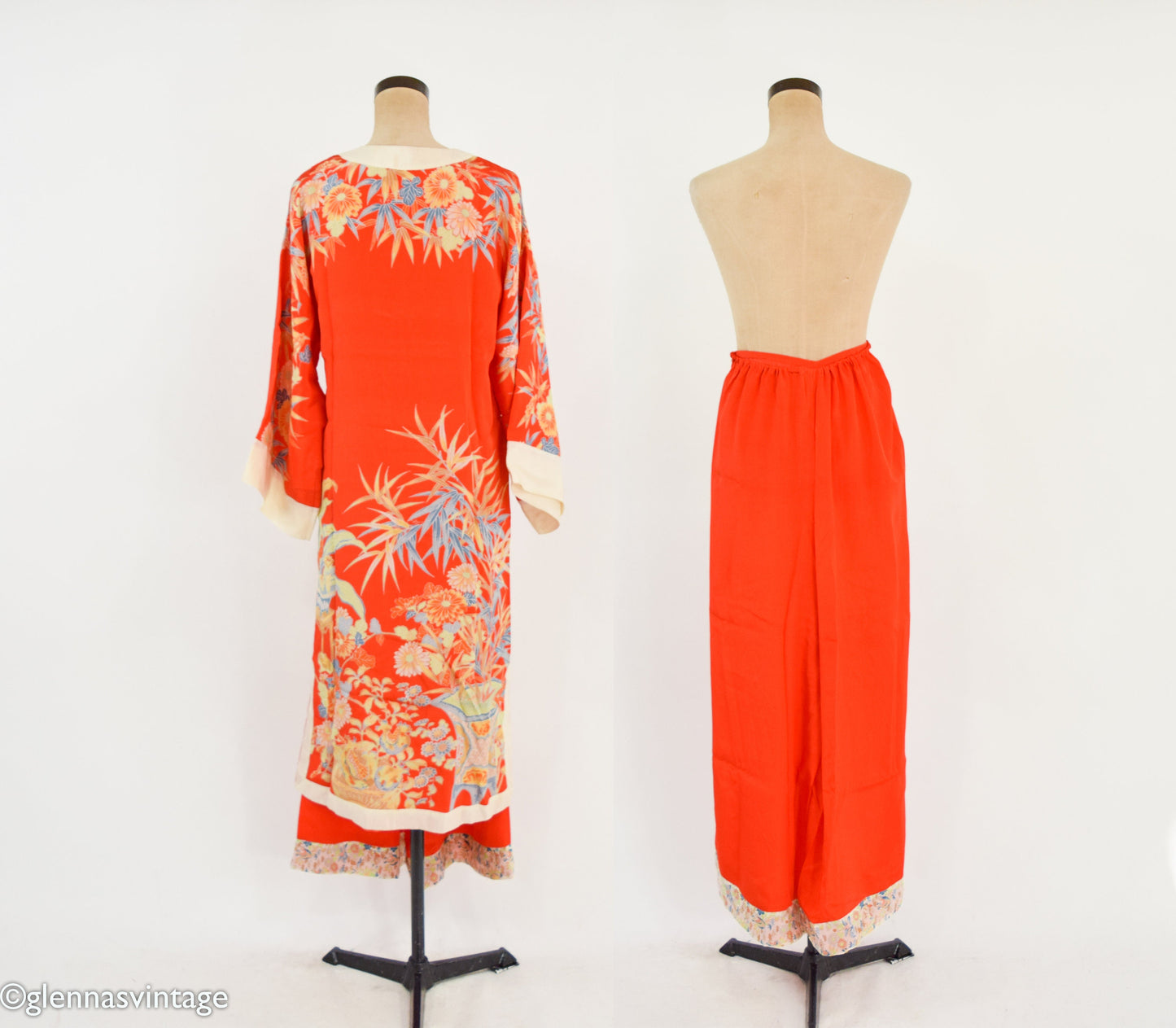 1940s Orange Print Silk Robe and Pajama Set, Large