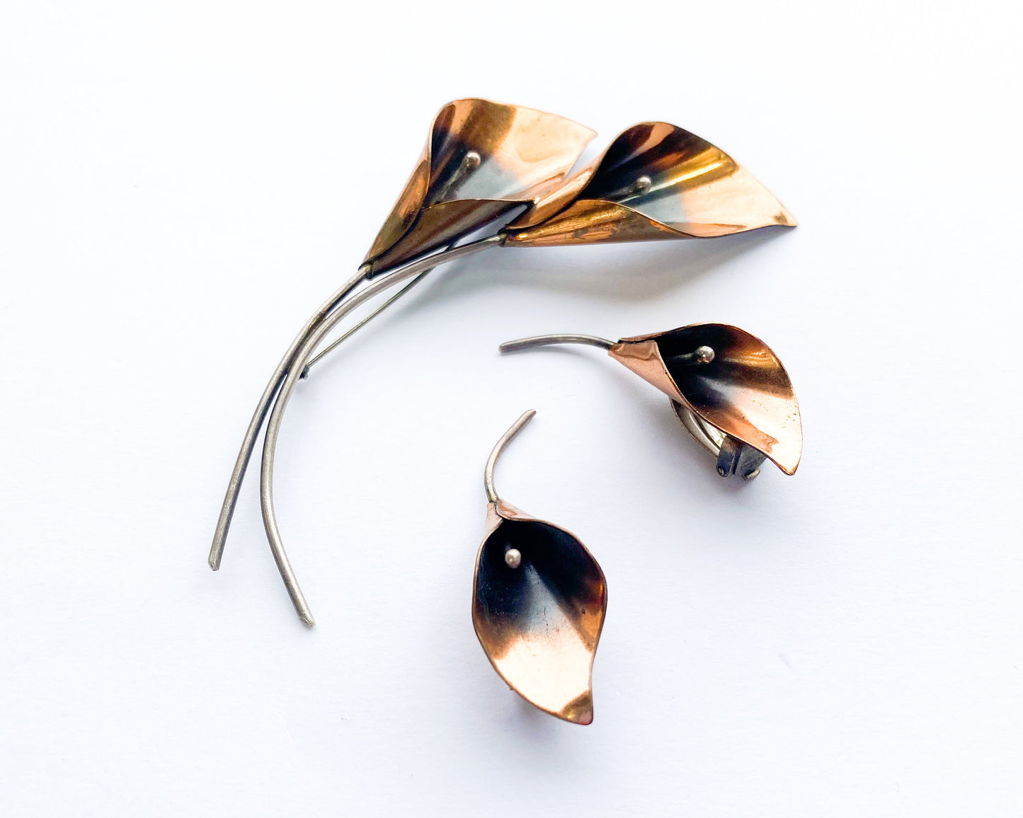 1950s Copper Flower Brooch & Earrings Set | 50s Copper Flower Pin Earring Set | Copper Flower Stems