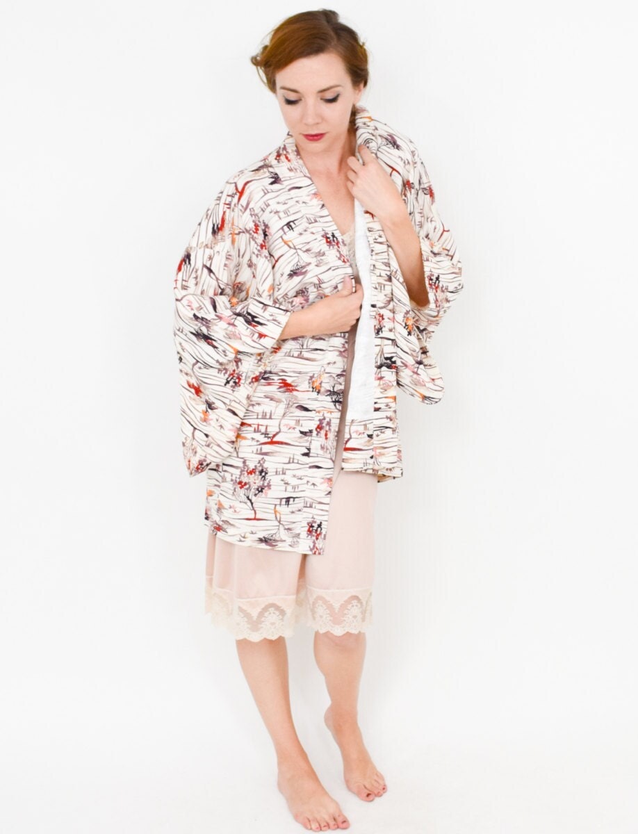 1950s Beige Print Haori Kimono Jacket