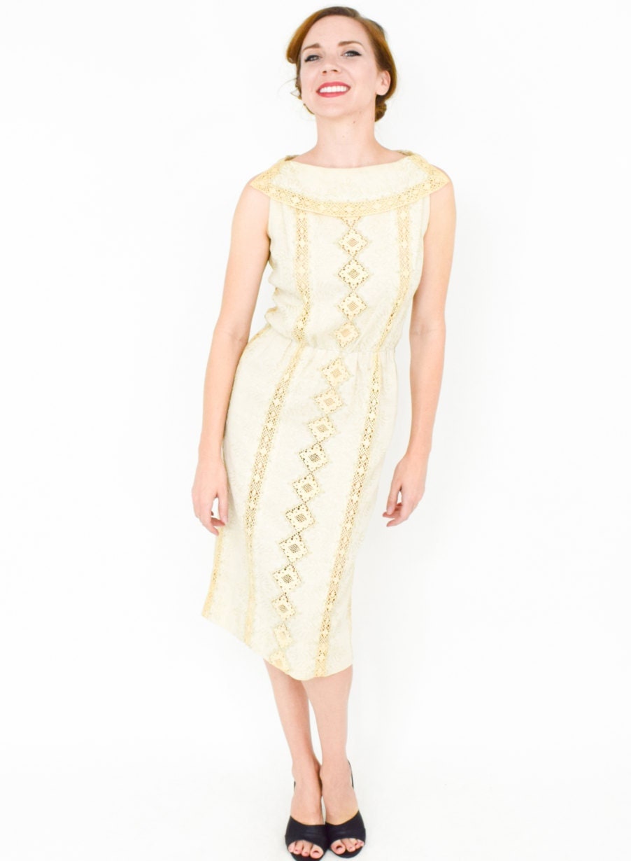 1950s Beige Irish Linen Dress, Medium