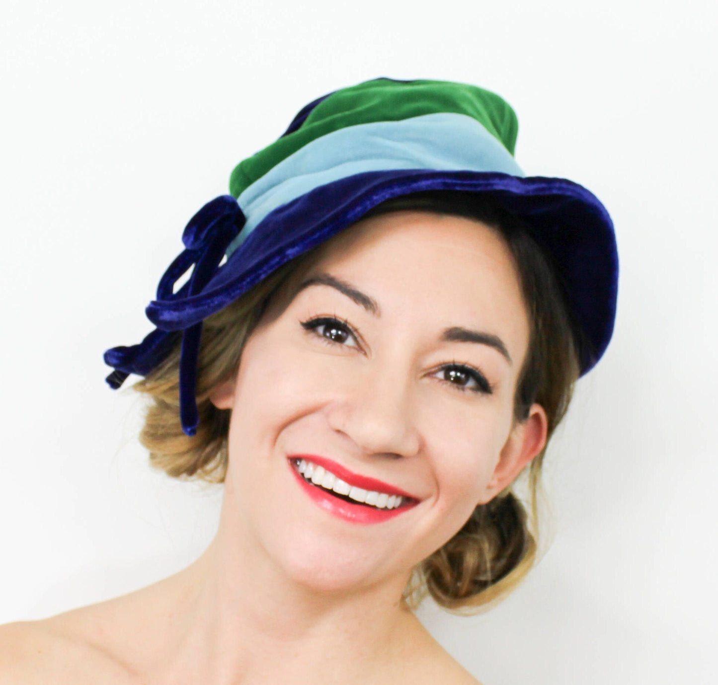 Dachettes | 1960s Blue Velvet Slouch Hat | 60s Blue & Green Striped Hat | Dachettes