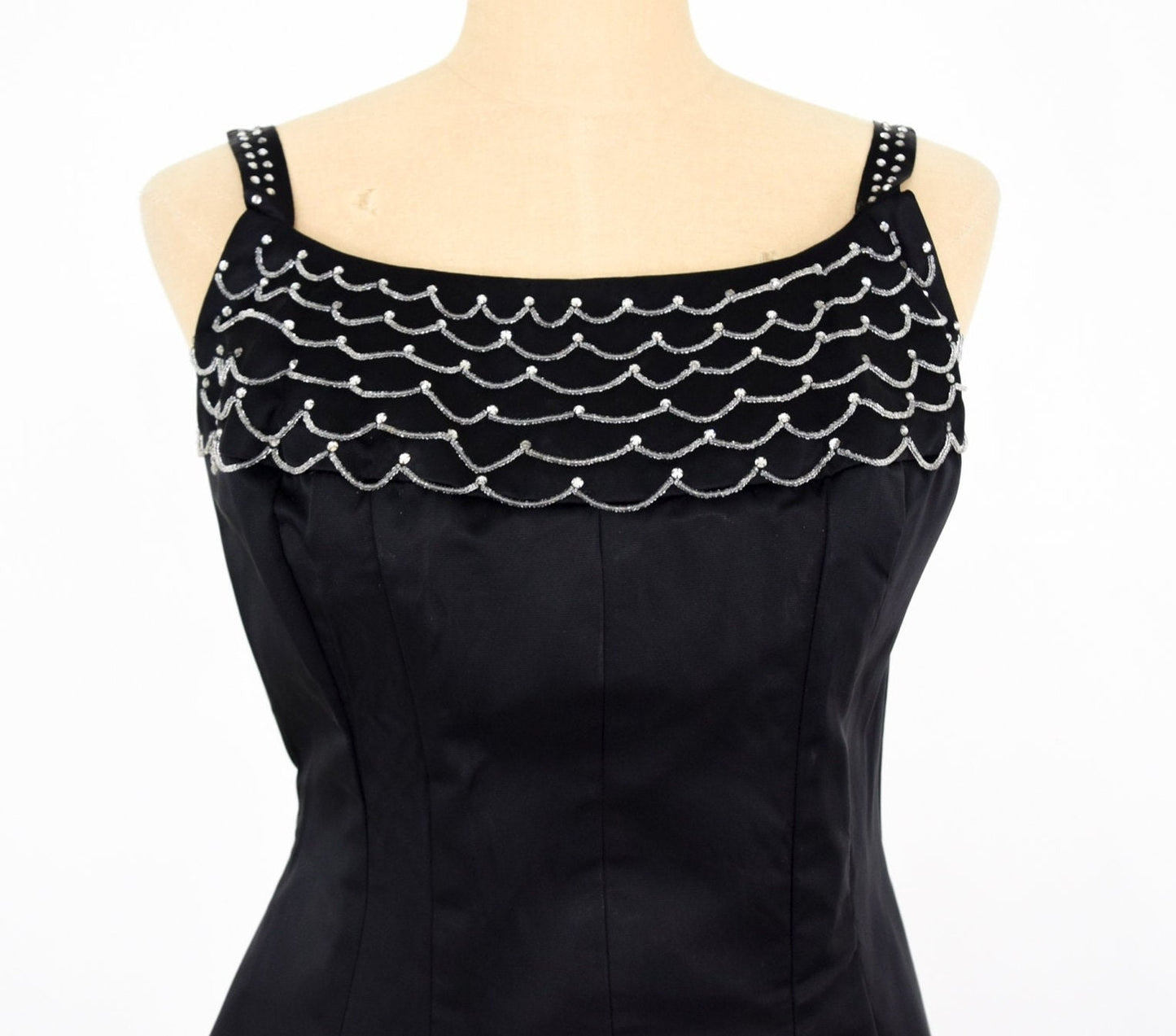 1950s Black Satin Cocktail Dress with Rhinestone Detail, Medium