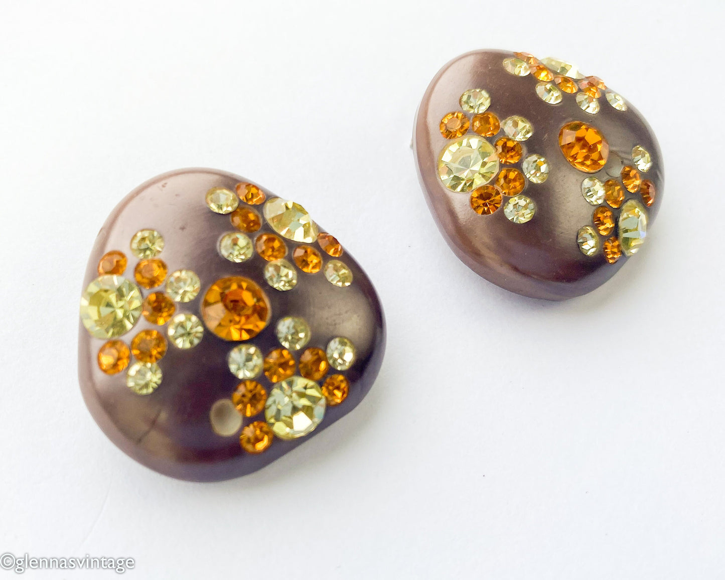 1960s Brown Rhinestone Earrings | 60s Brown Lucite & Rhinestone Clip Earrings