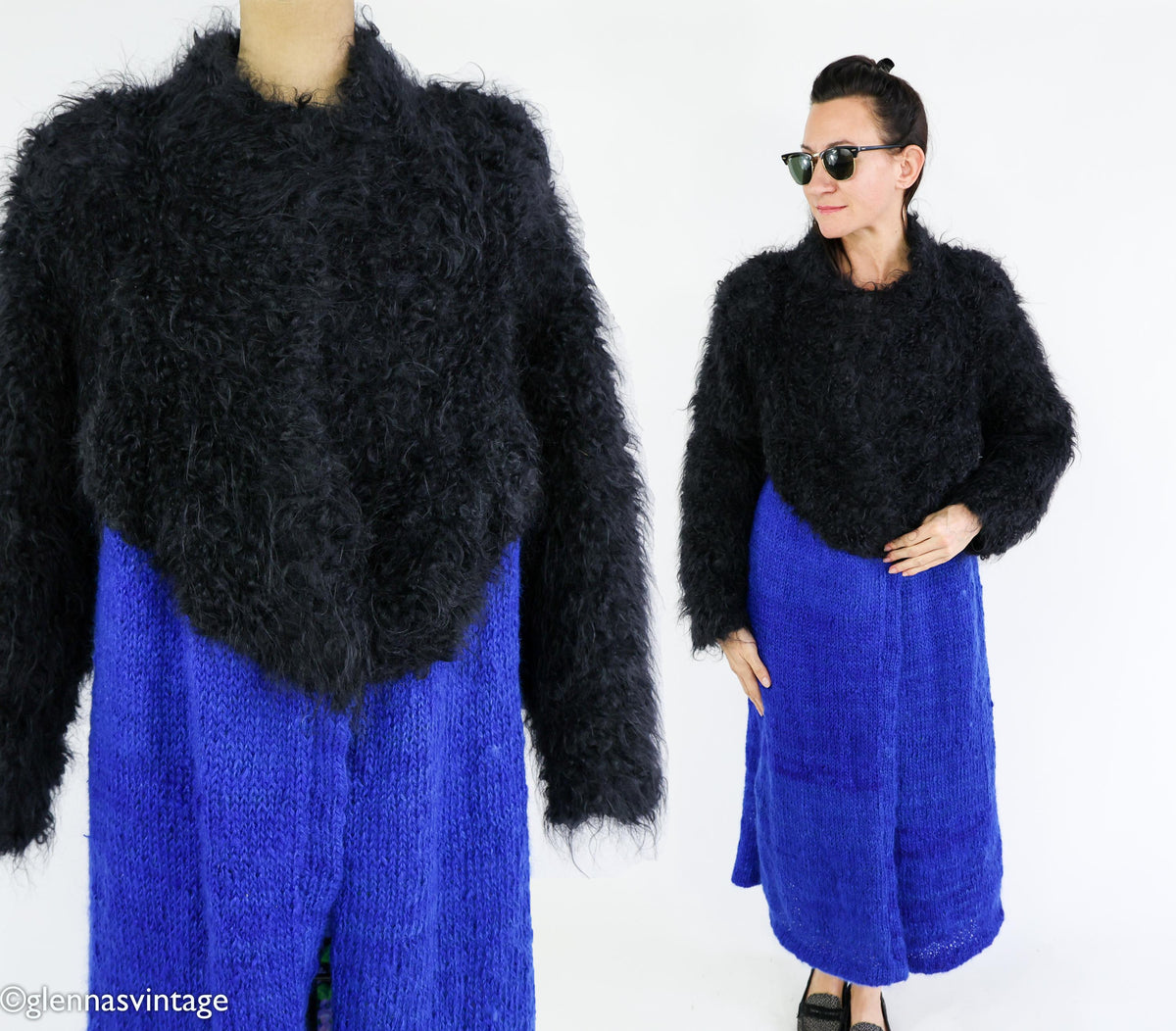 1980s Mohair Knit Coat | Royal Blue & Black Sweater