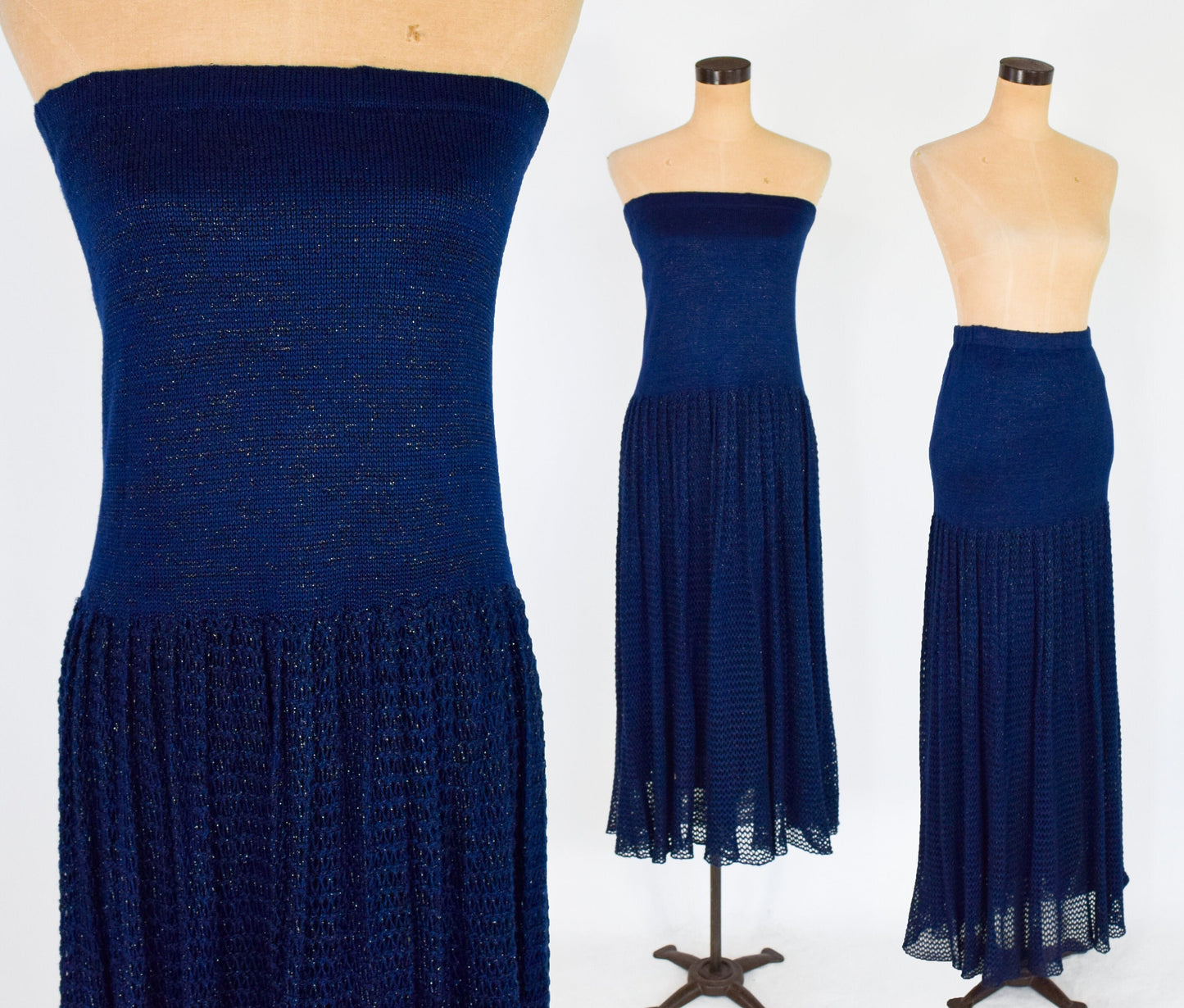 1980s Metallic Navy Knit Strapless Maxi Dress. Medium