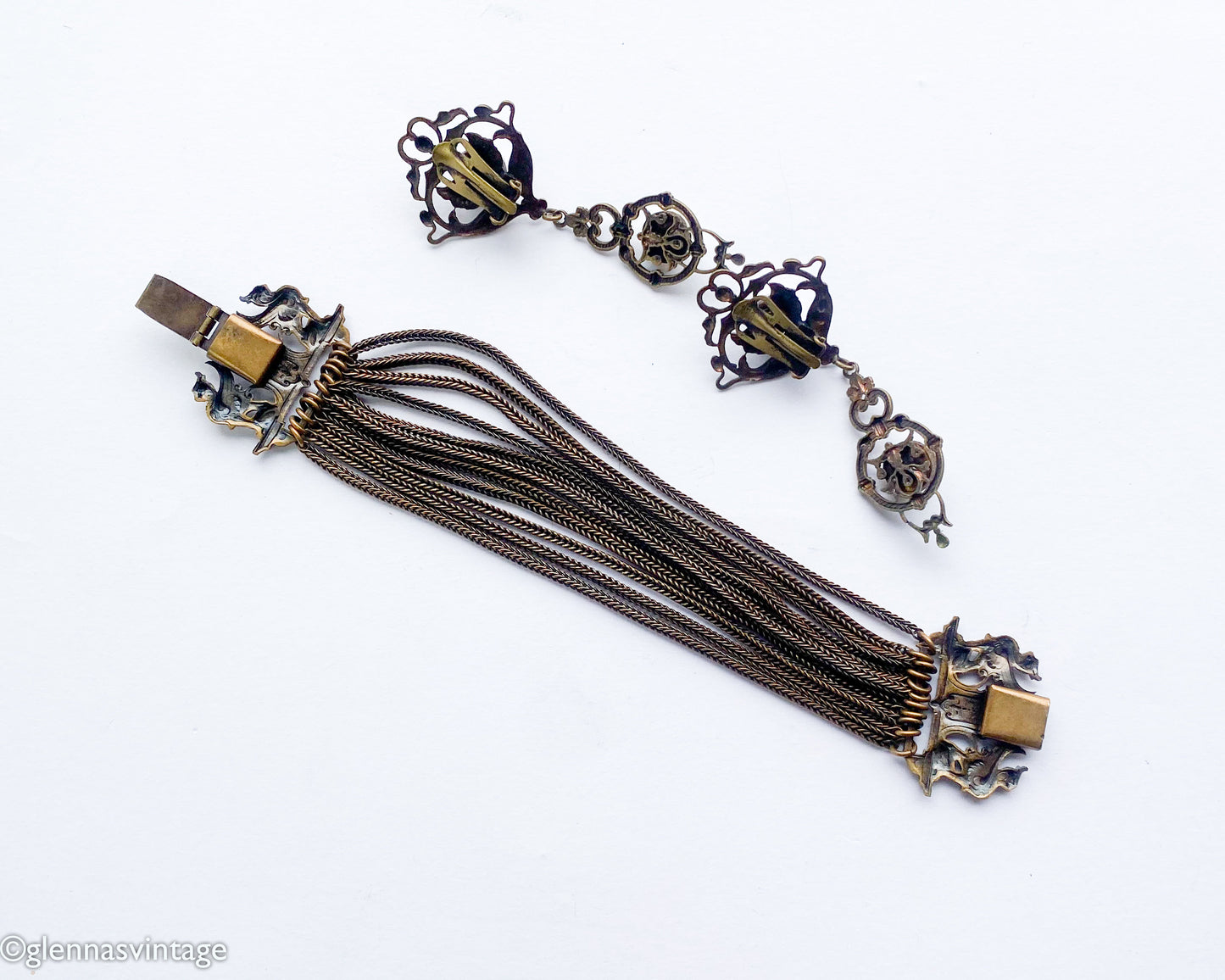 1930s Bronze Chain Bracelet & Pearl Clip Earrings, Art Nouveau Jewelry Set