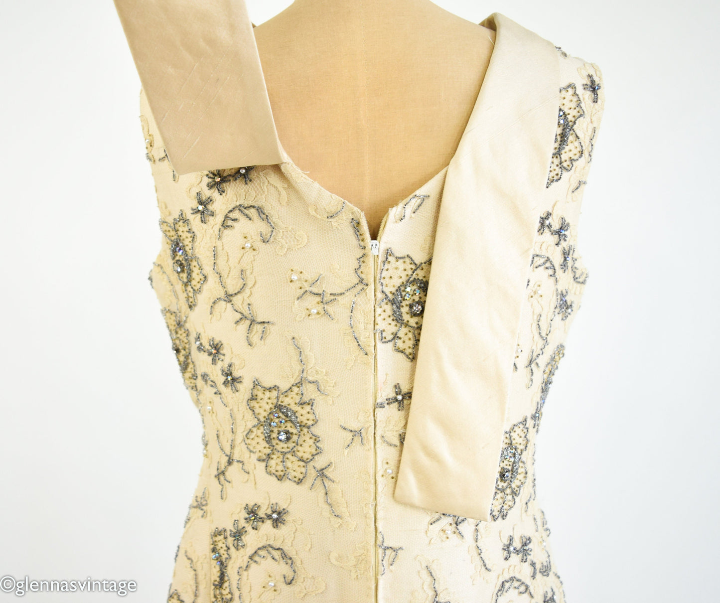 1960s Beaded Silk Cocktail Dress | Vintage Floral Lace, Medium