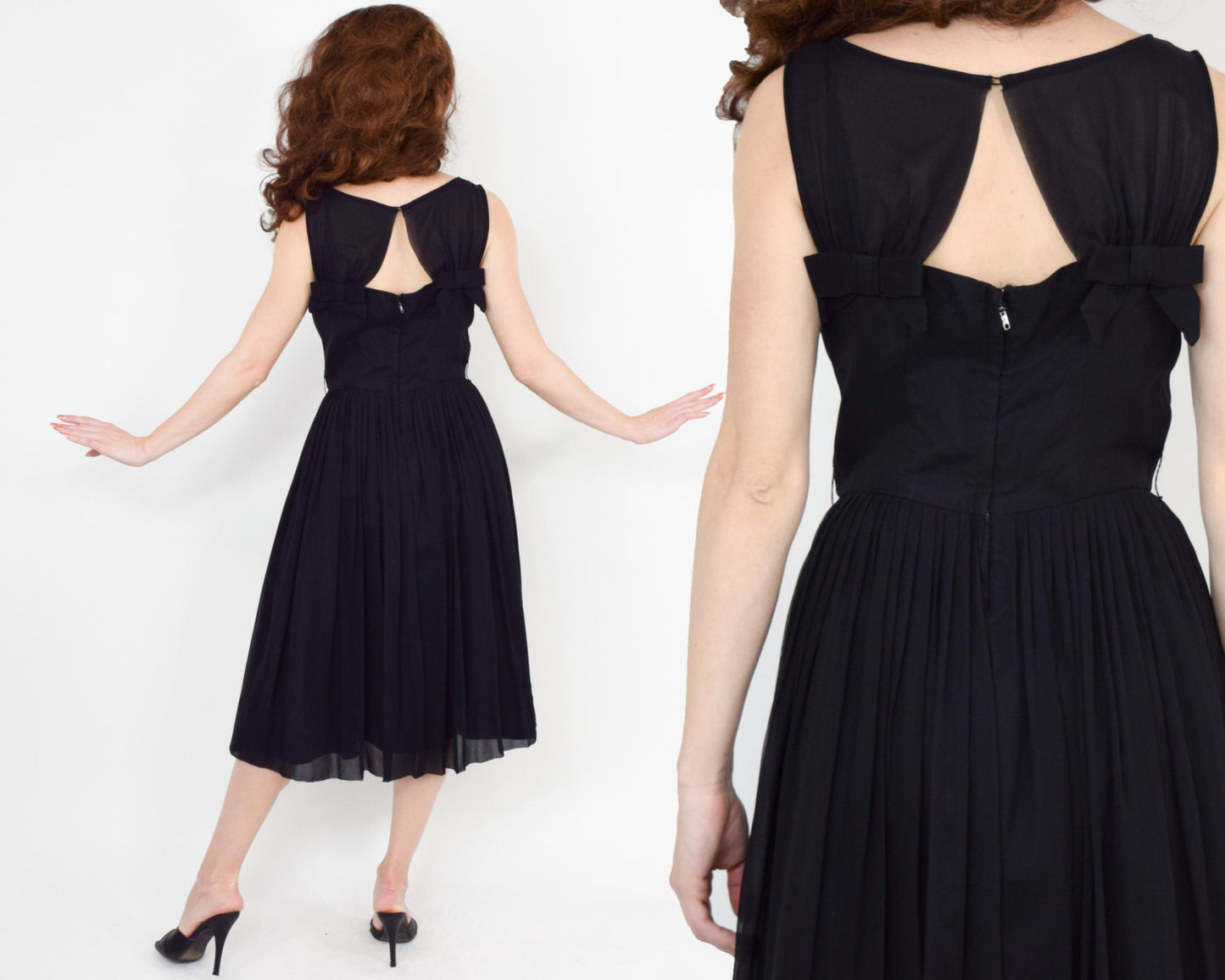 1950s Black Silk Chiffon Party Dress | 50s Black Chiffon Cocktail Dress | Small