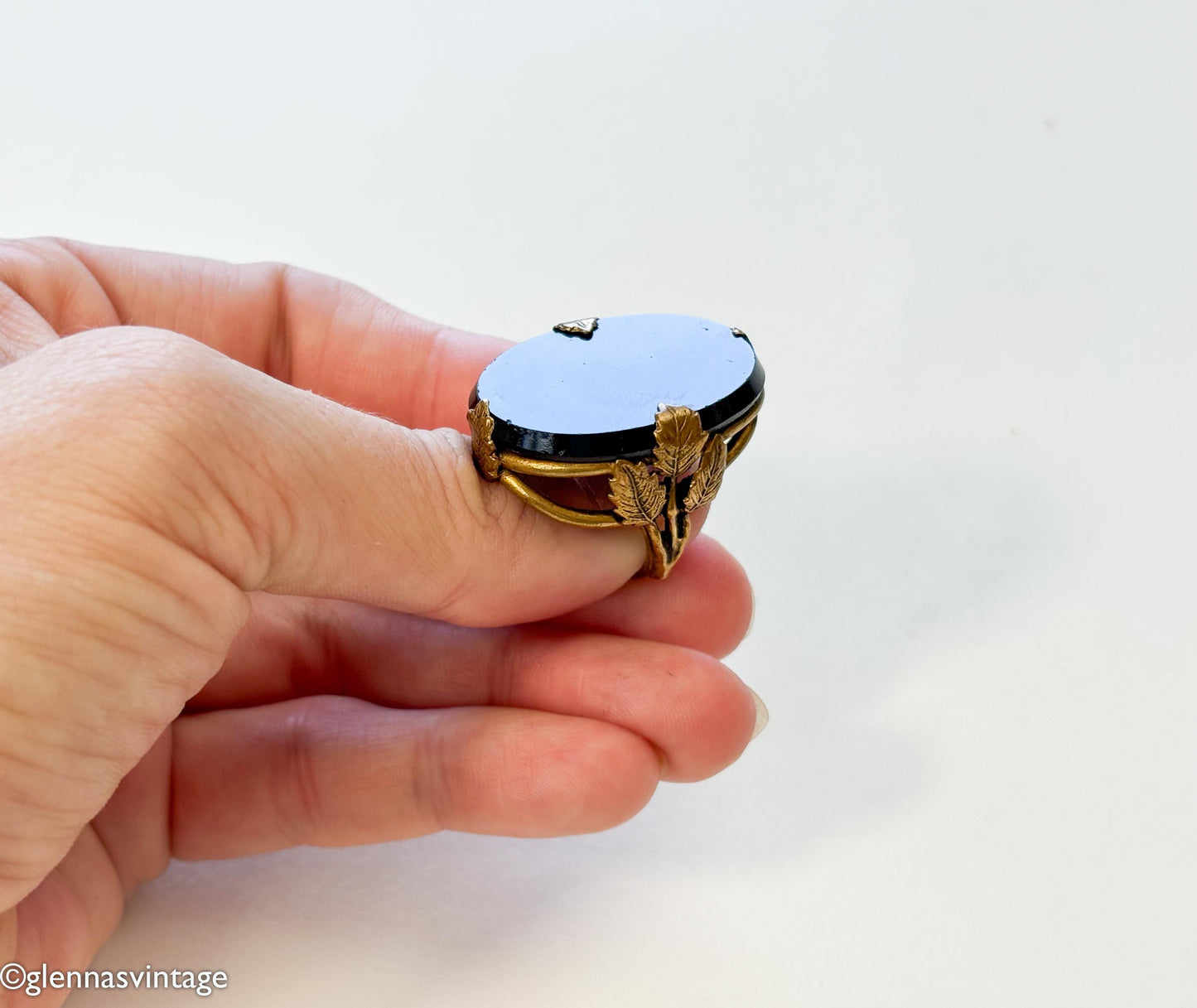1920s Art Deco Black Glass Ring | Gilt Brass Leaves, Size 5.75