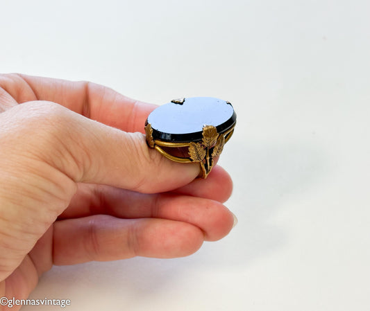 1920s Art Deco Black Glass Ring | Gilt Brass Leaves, Size 5.75