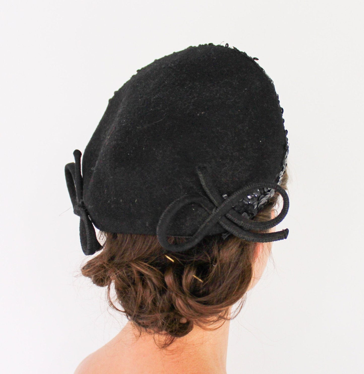 1940s Black Sequin Hat, Black Wool Felt Fascinator