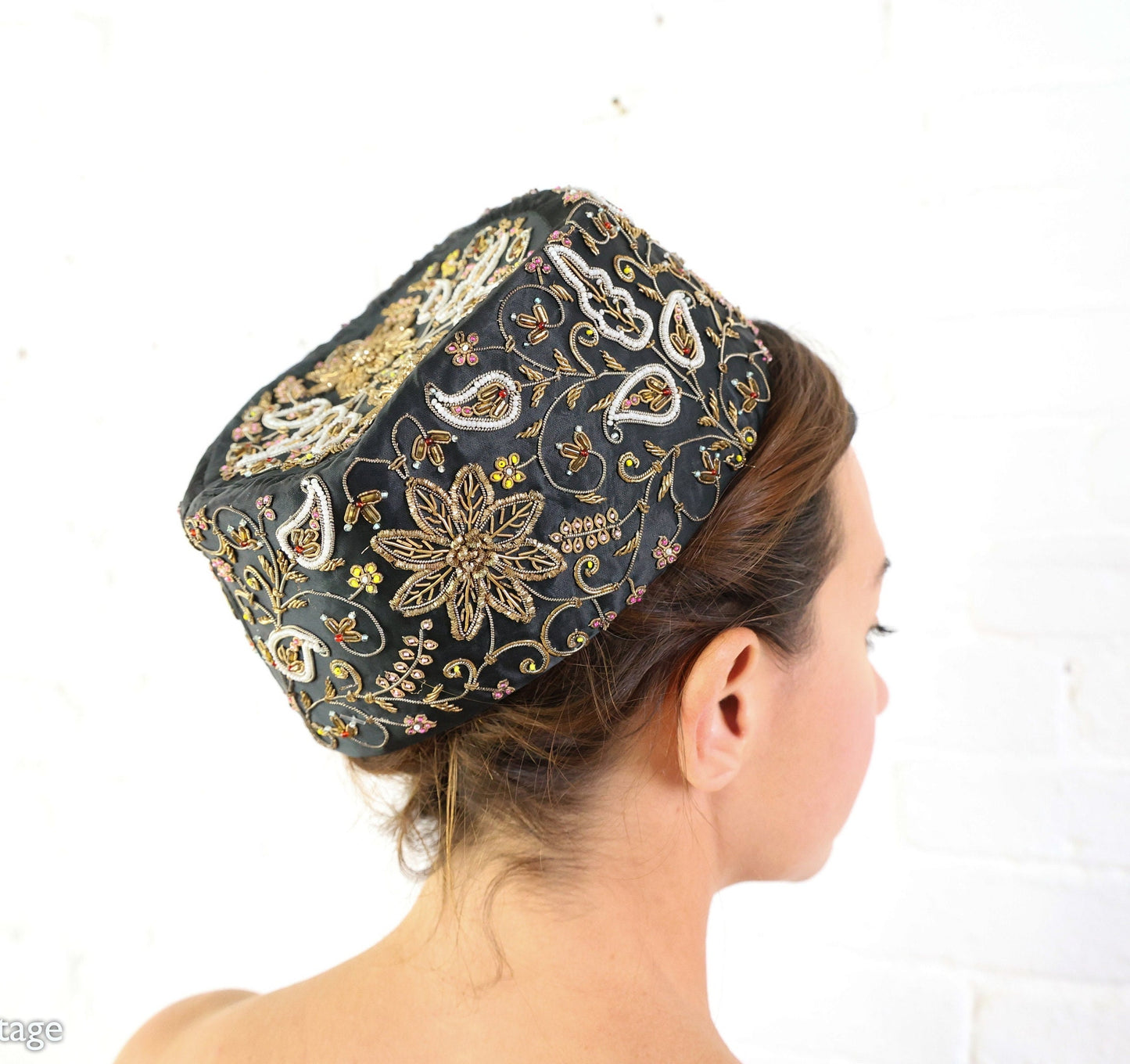 1950s Black Silk Pillbox Hat with Gold Embroidery