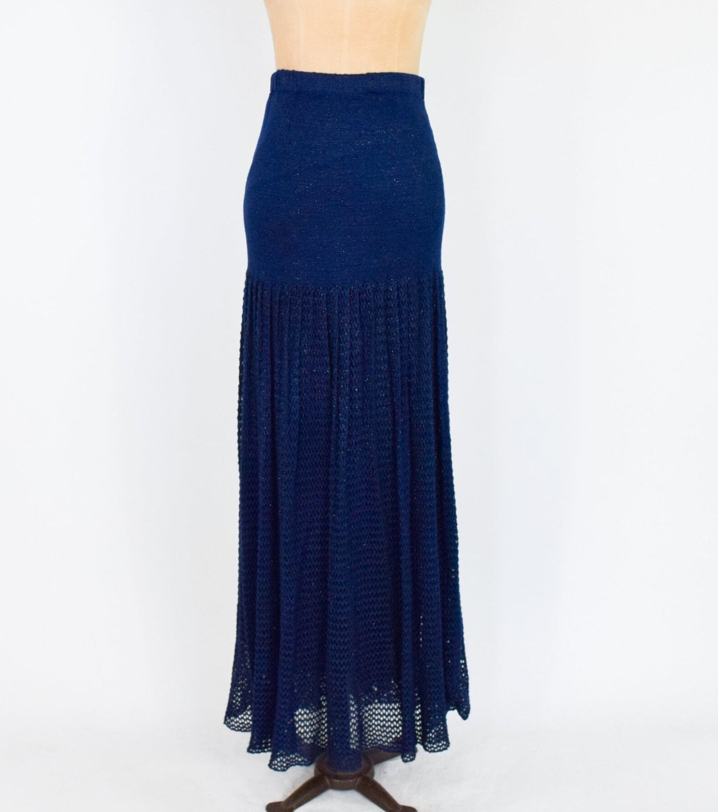 1980s Metallic Navy Knit Strapless Maxi Dress. Medium