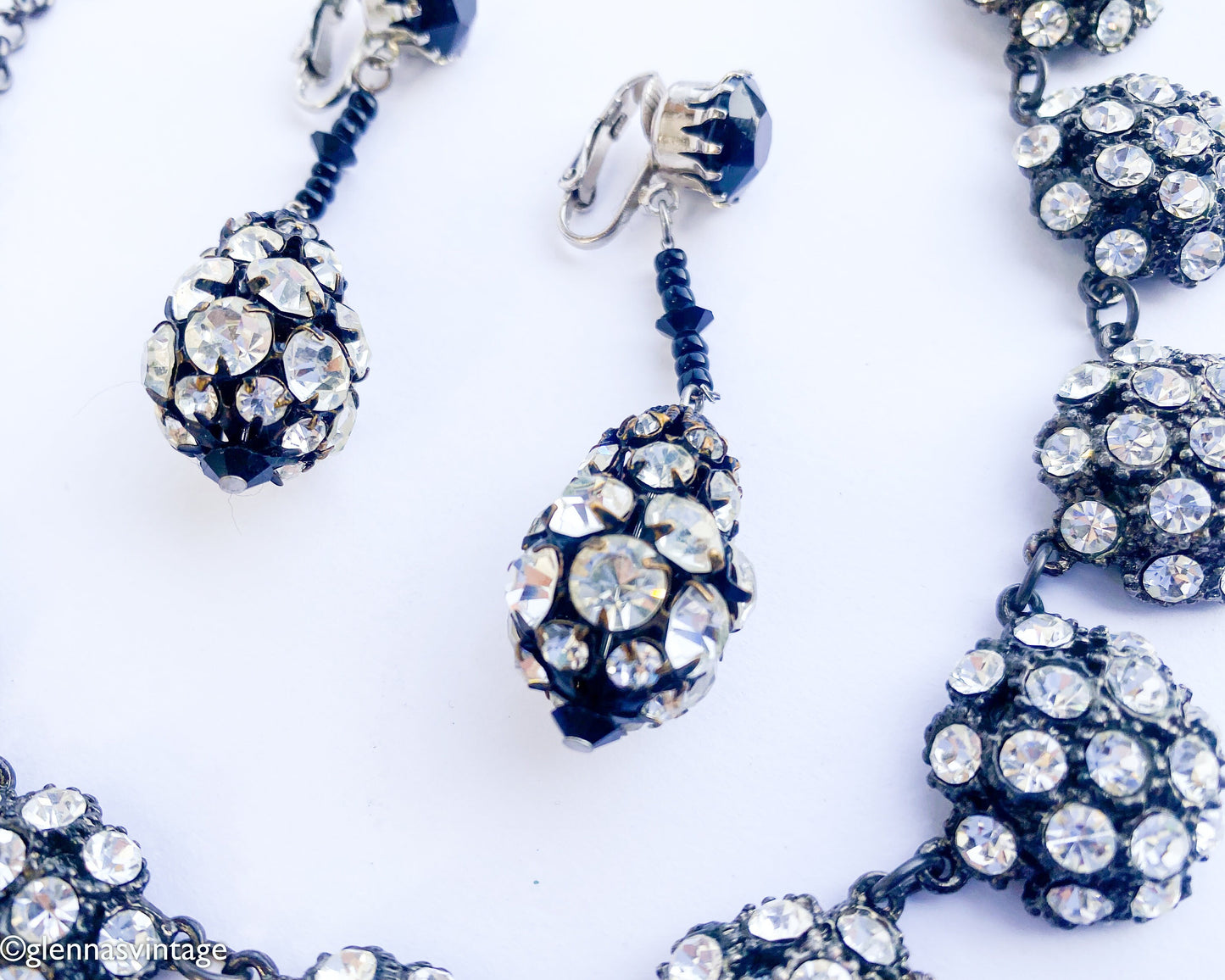 1950s Rhinestone Evening Necklace & Earrings Set | 50s Rhinestone Circles Necklace Drop Earrings | YOCHI N.Y.