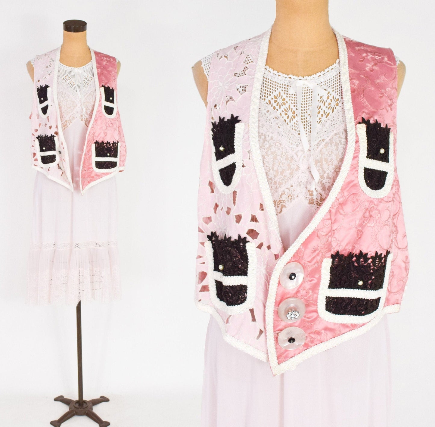 1990s White Crochet Top Dress and 1990s Pink Vintage Fabric Vest