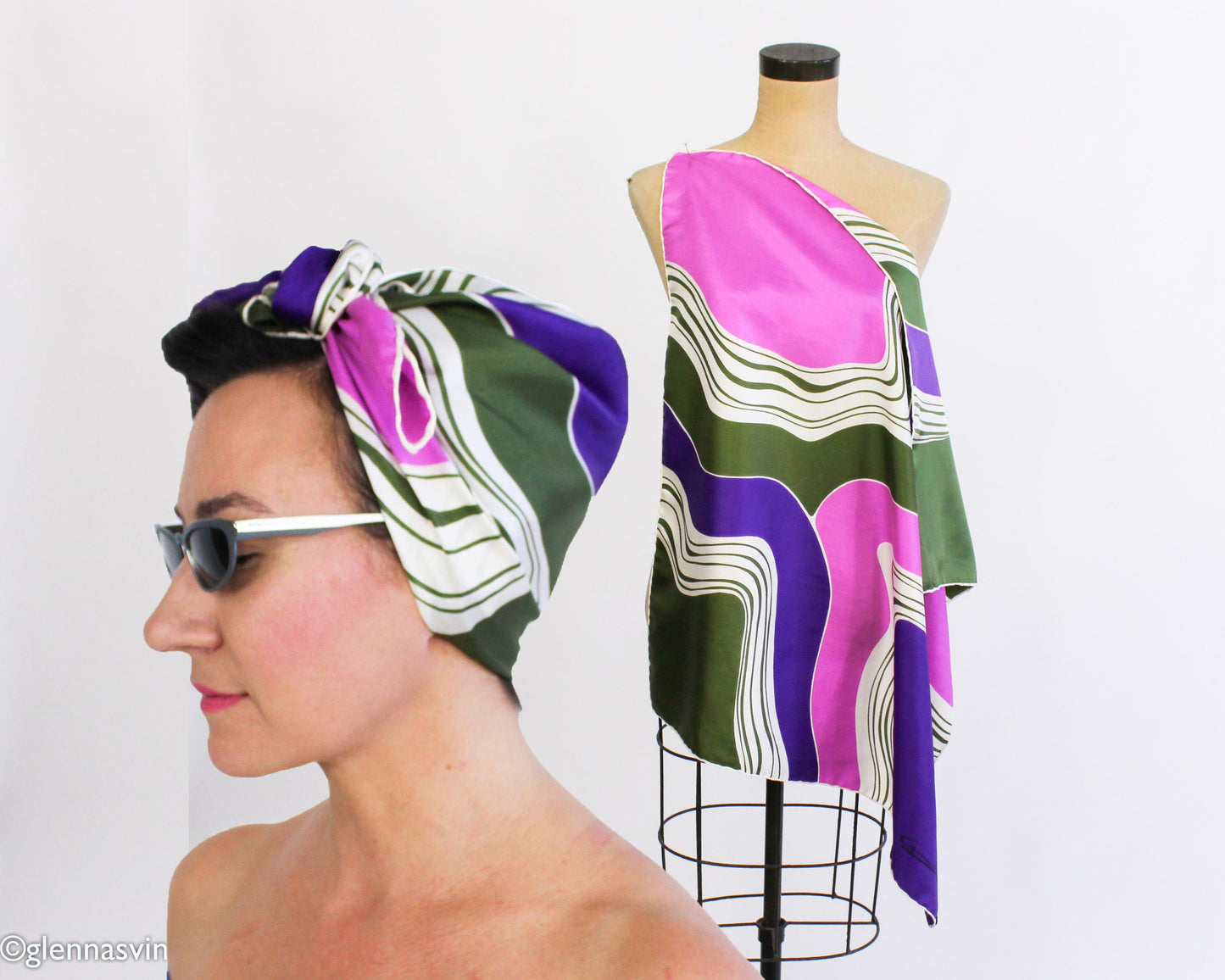 1980s Purple Green Pink Abstract Print Silk Scarf