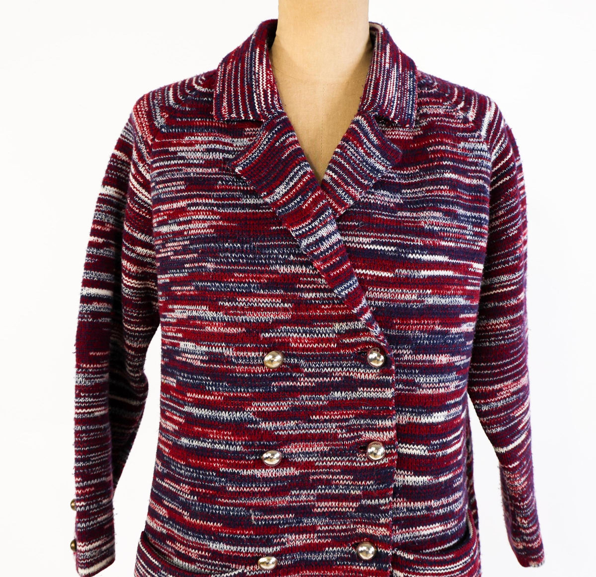 1970s Red Blue Striped Knit Cardigan Jacket by I. Magnin Double, Large