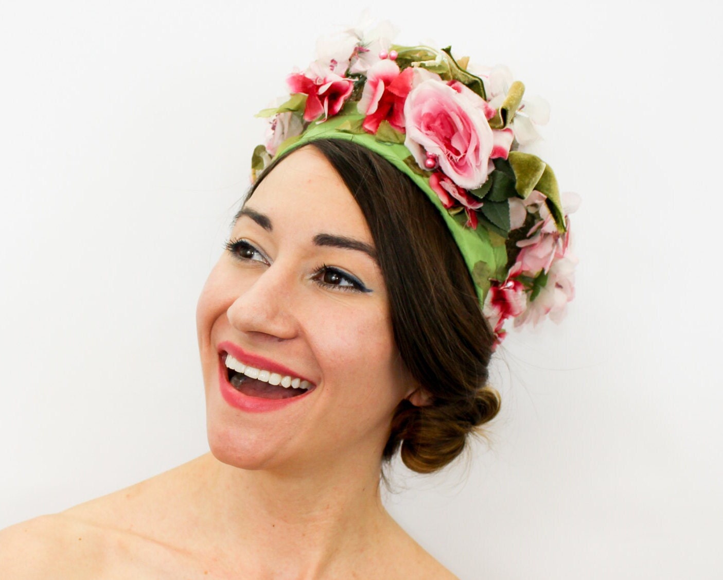 1960s Pink & Green Silk Flower Hat
