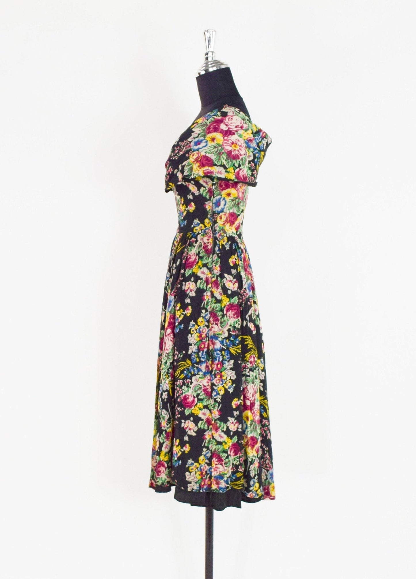 1940s Black Floral Party Dress | 40s Black Flowered Rayon Print Dress | X Small
