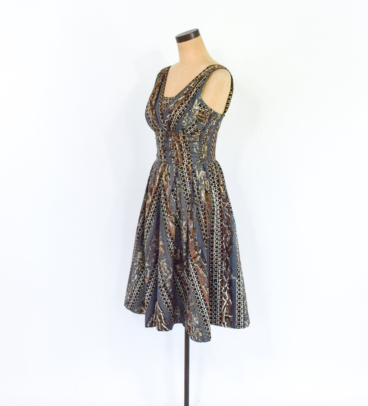 1950s Brown & Grey Hawaiian Tiki Dress, Extra Small