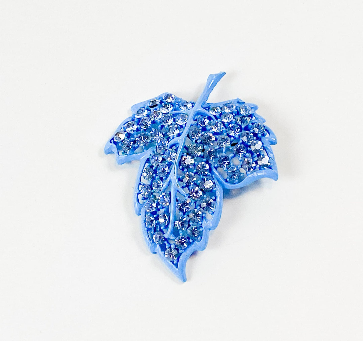 Weiss | 1960s Blue Rhinestone Leaf Brooch | 60s Blue Enamel & Rhinestone Pin | Weiss