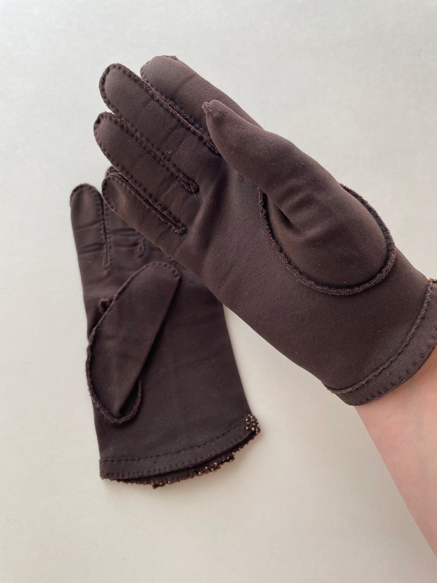 1950s Brown Beaded Gloves, Size 6.5