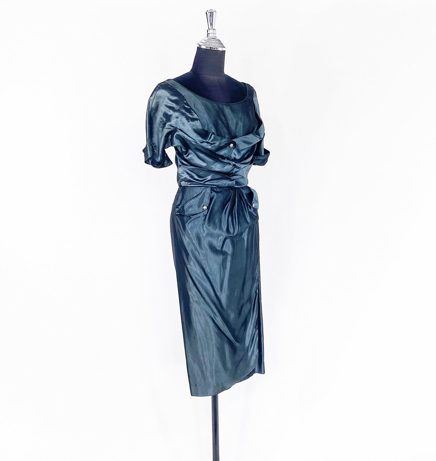 1950s Blue Gray Taffeta Cocktail Dress, Cadillac Original, Small