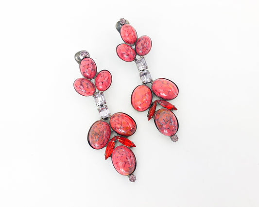 1950s Orange Stone & Rhinestone Dangle Earrings, Statement Jewelry