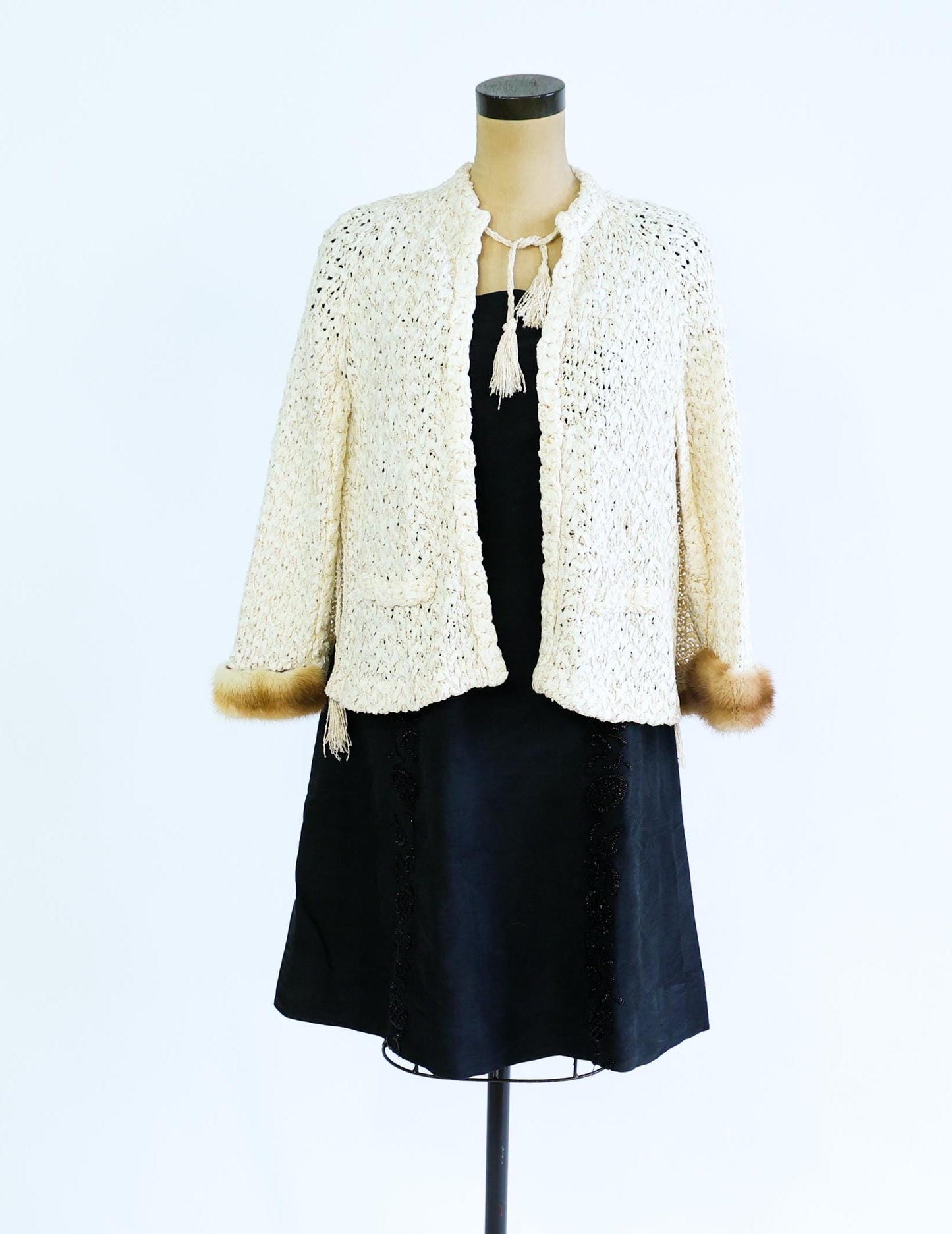 1940s Creme Crochet Ribbon Mink Trimmed Capelet |  40s Creme Silk Mink Trimmed Ribbon Cape  | One Size