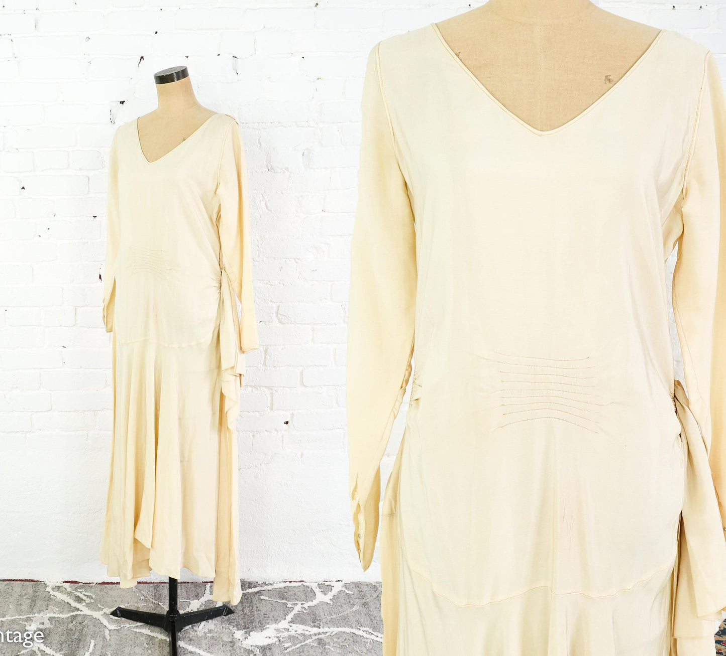 1930s Ivory Creme Silk Evening Dress, Long Sleeve Bridal Gown , Medium