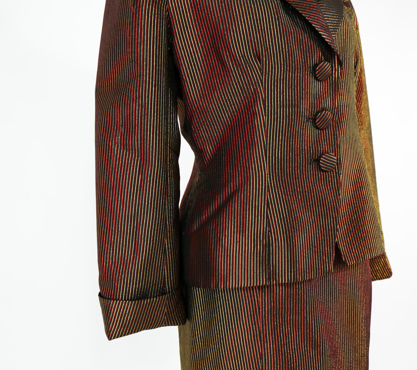 1980s Black Gold Pinstripe Jacket & Skirt, Large