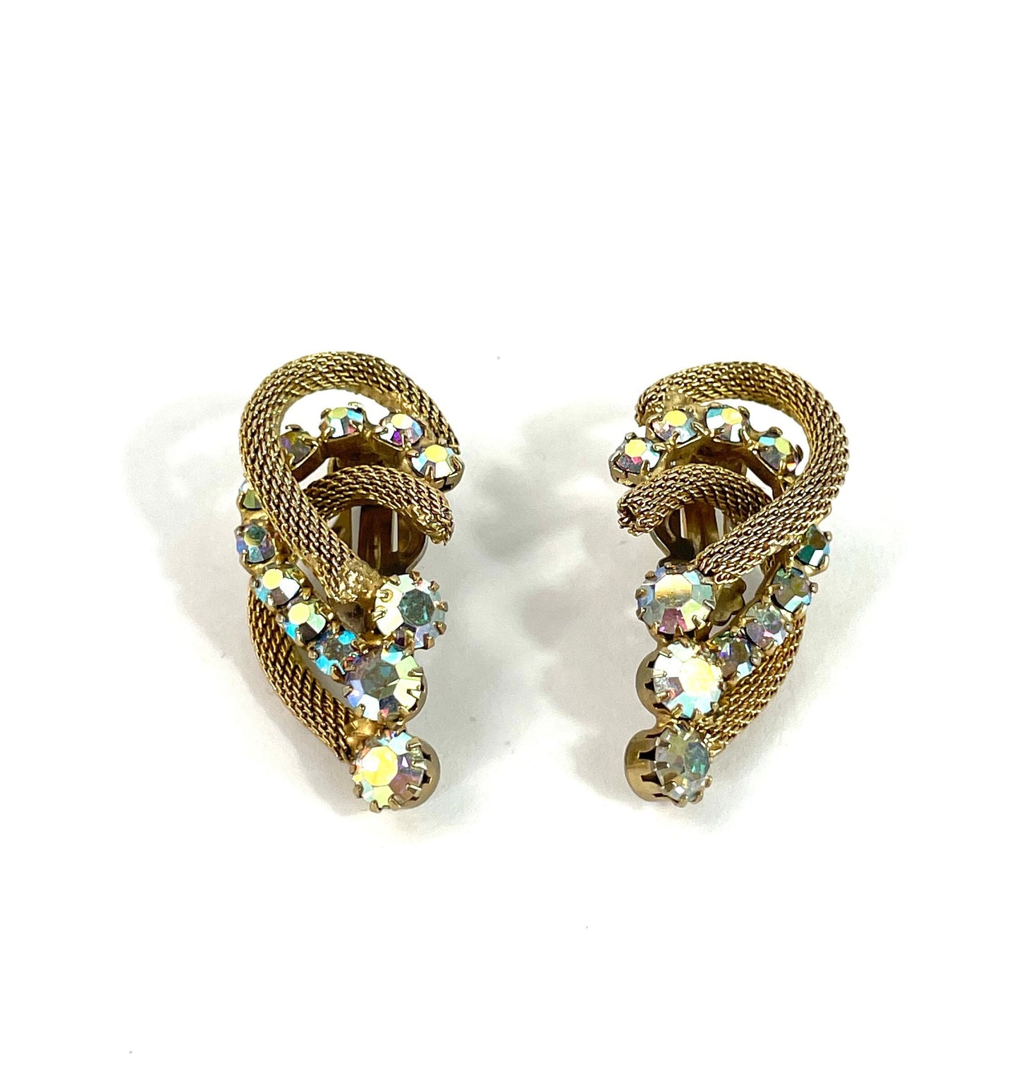 1950s Gold Mesh & Rhinestone Earrings | 50s Aurora Borealis Rhinestone Clip Earrings
