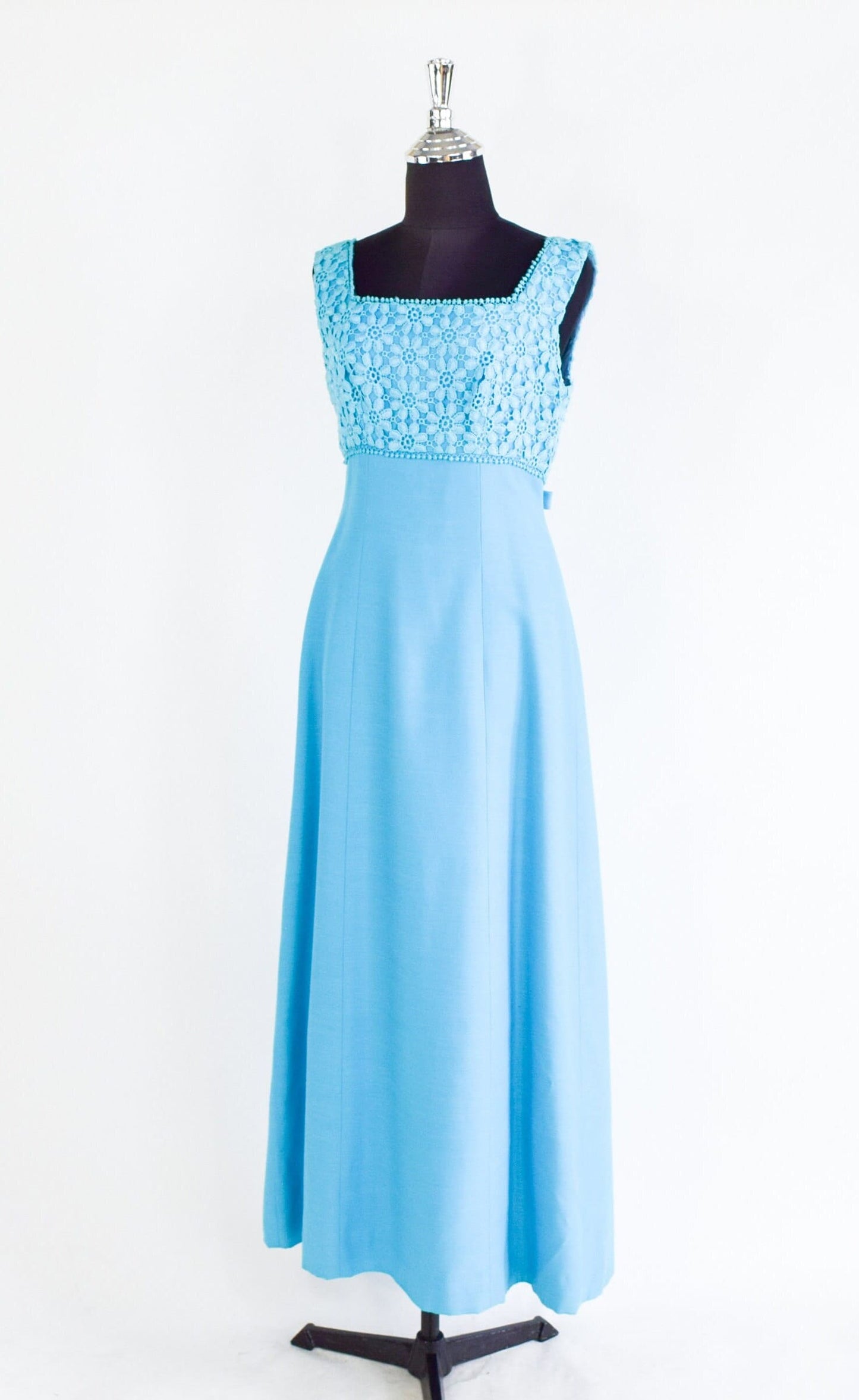 1960s Turquoise Blue Prom Dress | 60s Cotton Flower Lace Top Maxi Dress | XS
