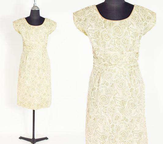 1950s Gold & Creme Paisley Print Cotton Sheath Dress, Medium