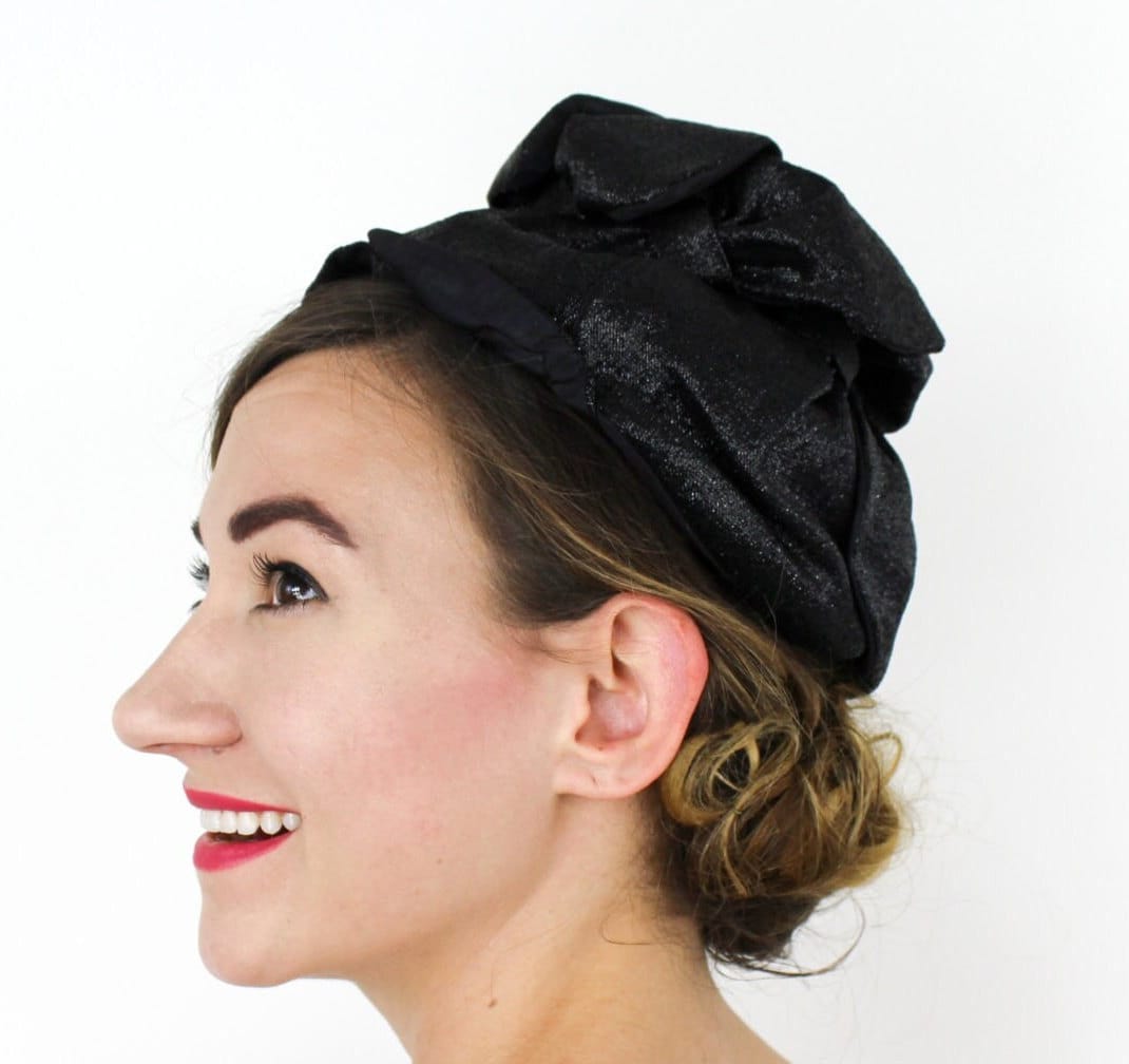 1950s Black Lamé Cocktail Hat, Black Glitter Fascinator