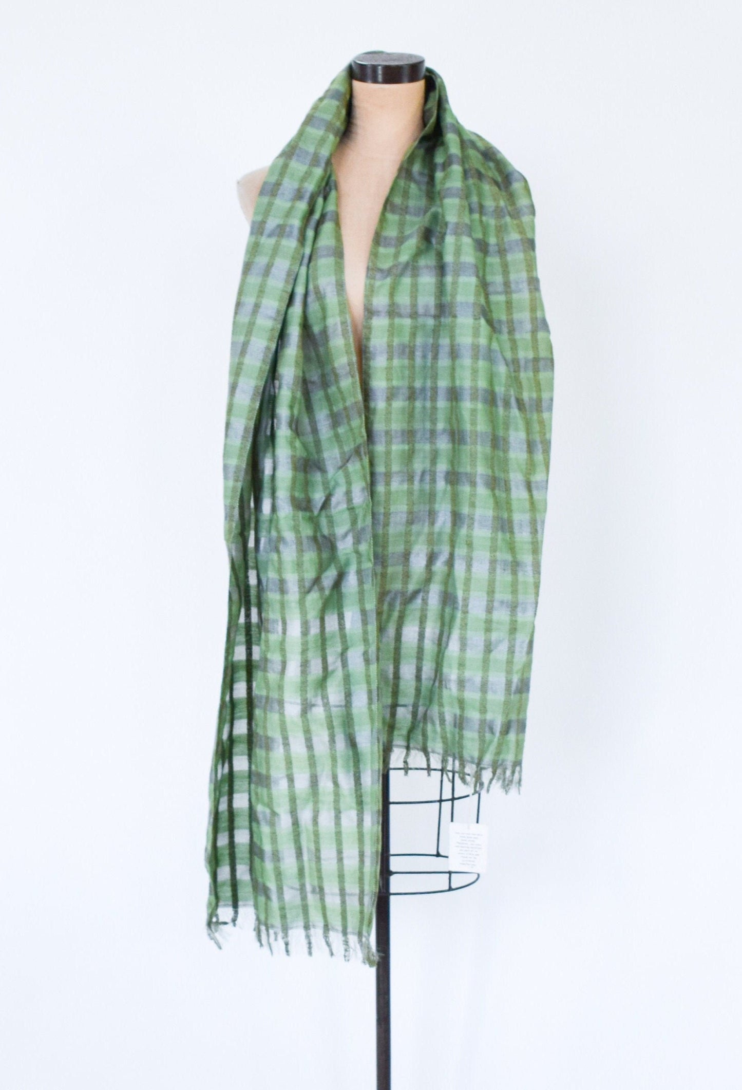 1980s Green Plaid Silk Cotton Scarf, Hand Woven in India