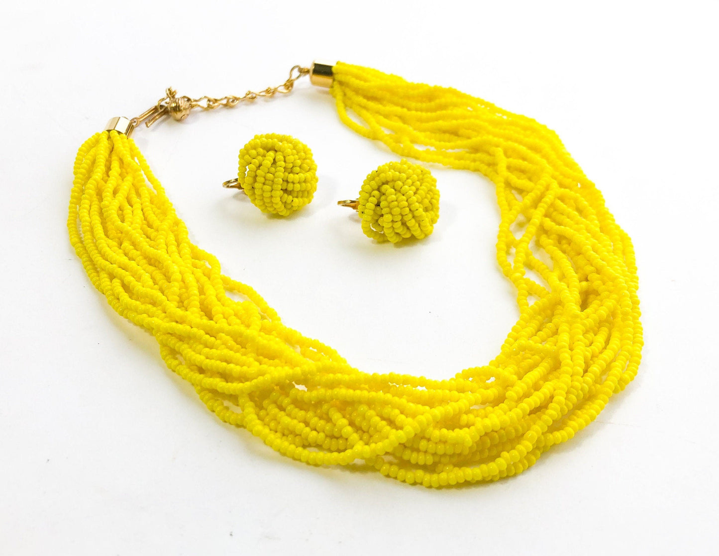 1960s Yellow Beaded Necklace & Clip Earrings Jewelry Set