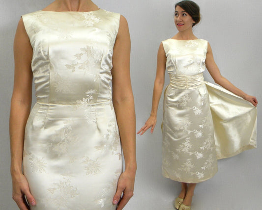 1950s Creme Silk Satin Dress, Small