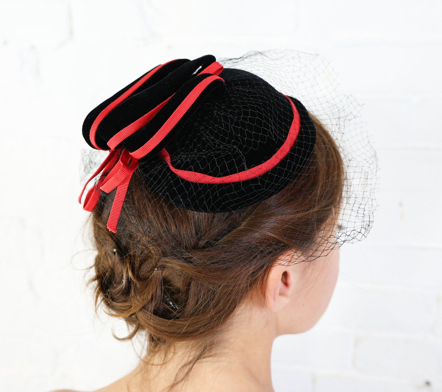 1950s Black Velvet Cocktail Hat, Red Trim Fascinator