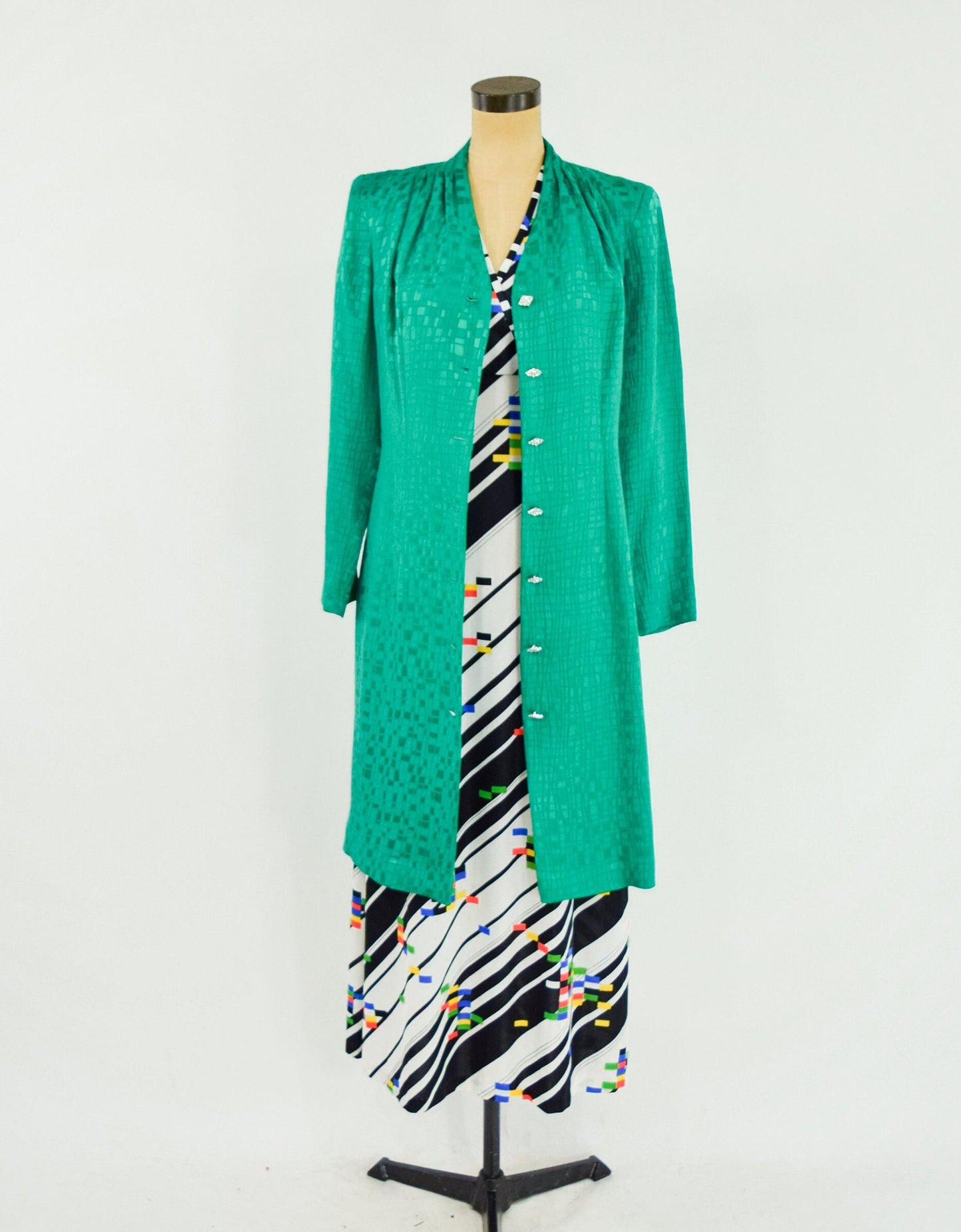 1980s Emerald Green Silk Dress | Vintage Rhinestone Button Front