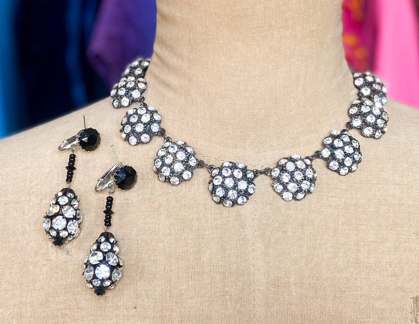 1950s Rhinestone Evening Necklace & Earrings Set | 50s Rhinestone Circles Necklace Drop Earrings | YOCHI N.Y.