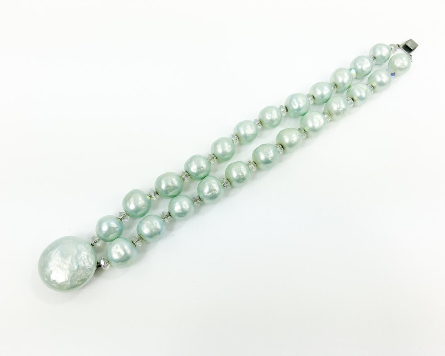 1950s Turquoise Faux Pearl Bracelet | 50s Blue Faux Pearl and Crystal Bracelet