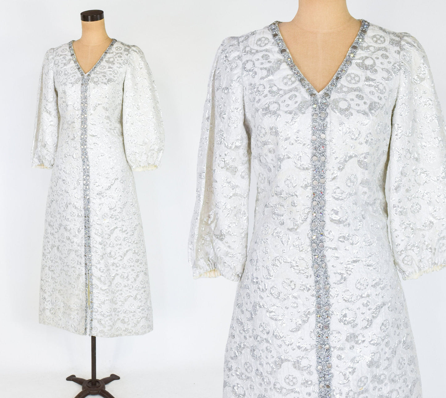 1970s Silver Brocade Evening Dress | 70s Silver Lamé Brocade Maxi Dress | Small
