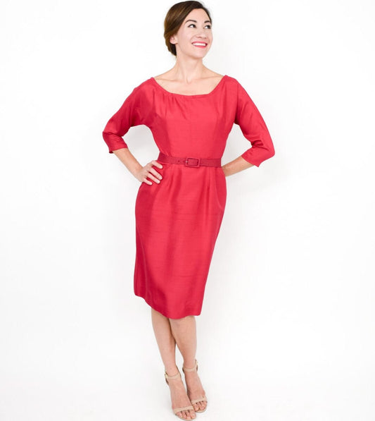 1950s Pink Silk Cocktail Dress with Convertible Collar, Extra Small