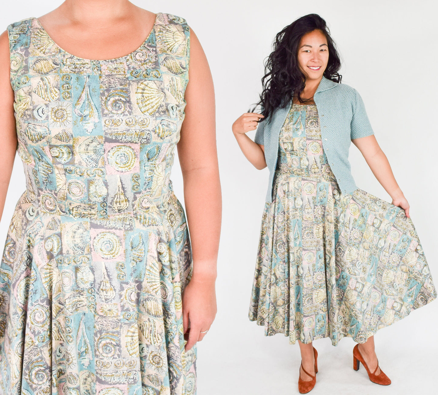 1950s Seashell Tiki Print Summer Dress, Large
